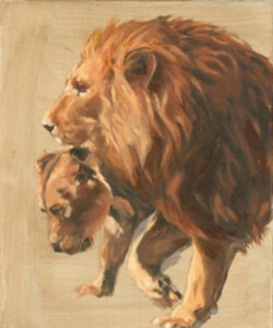 I was lost with all the yellows, today I understand this demanding color better. Details on the female lion`s extended leg, were handled with the painterly expressive effect I want in future work.